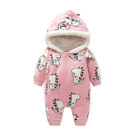 

Toddler boy clothes Baby Cartoon Dinosaur Plus Velvet Thick Warm Hooded Newborn Romper Fragarn