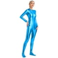 thumbnail image 2 of YONGHS Women's Shiny Holographic Unitard Zentai Jumpsuit Mock Neck Zipper Front Bodysuits Catsuits Sky Blue XXL, 2 of 6