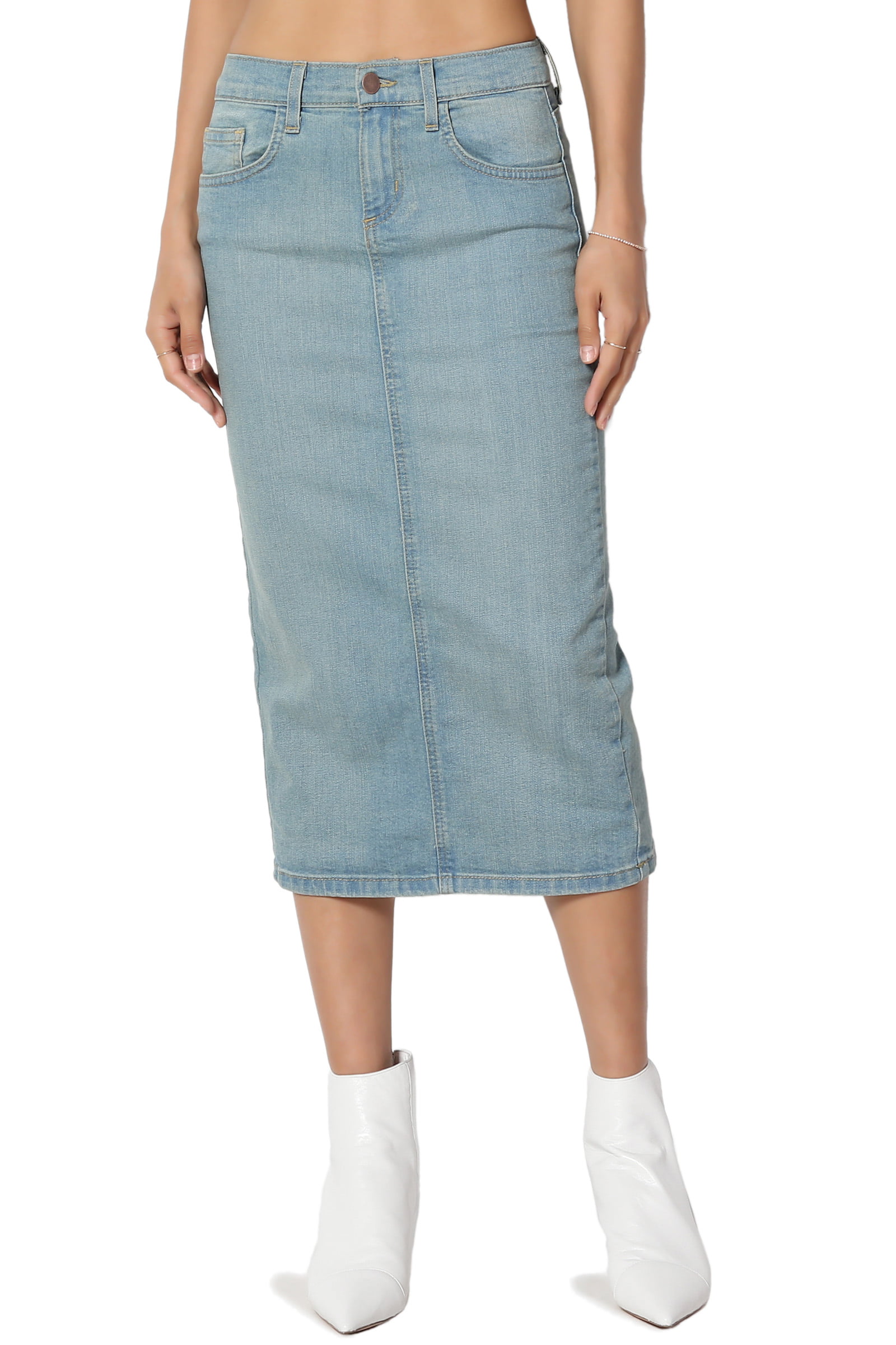 TheMogan Women's Vintage Washed Long And Lean Back Slit Mid Rise Denim ...