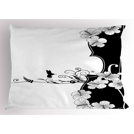 - Art Nouveau Pillow Sham Flower Musical Composition with Bird Scrolled Lily Petals Nature Growth, Decorative Standard Size Printed Pillowcase, 26 X 20 Inches, Black and White, by Ambesonne