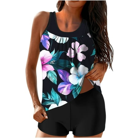ZQGJB Tankini Swimsuits for Women Two Piece Bathing Suits Mesh Patchwork Scoop Neck Blouson Tank Top with Boyshorts Tummy Control Modest Swimsuits(Multicolor#04 S)