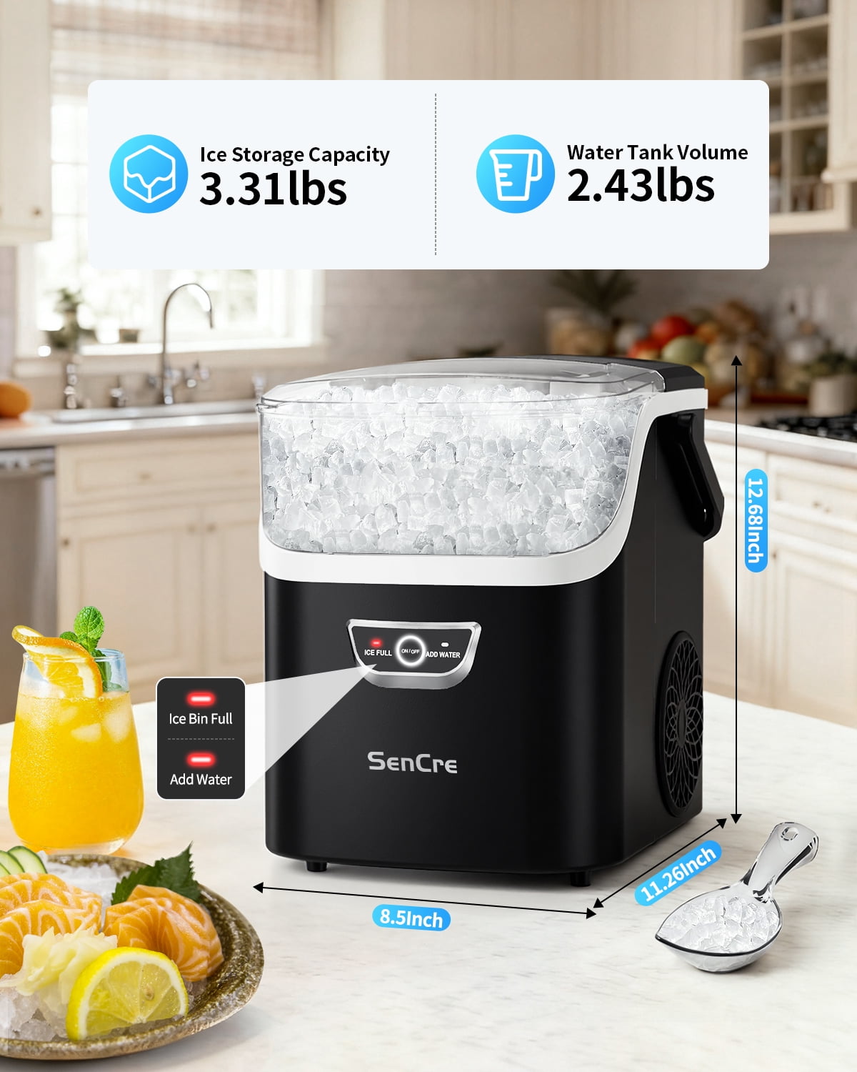 Aeitto Countertop Ice Maker Machine, 8 Ice Cubes in 6 mins,36lb/Day Ice with 2 Sizes, Auto-Cleaning Ice Makers Portable Ice Machine for Home Kitchen Office Party & Large Families