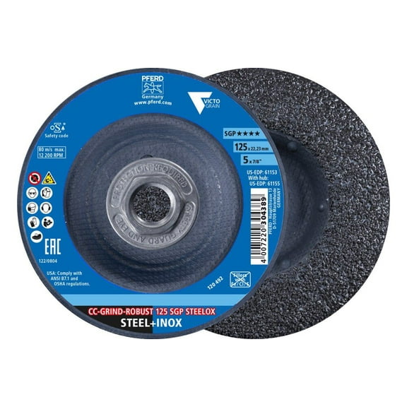 Pferd Grinding Disc, Cc-Grind-Robust, 5 Inch X 5/8-11, Sgp Steelox Victograin, Ceramic