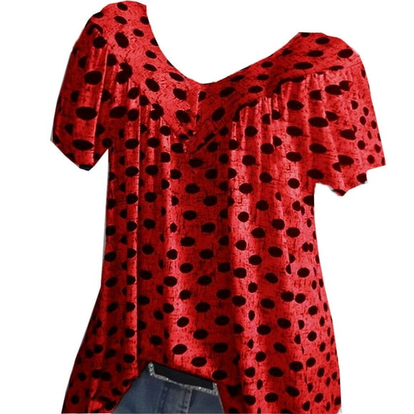 T-Shirt V Cou Blouse Manches Courtes Imprimé Femme en Vrac Summer Top, Rouge, M