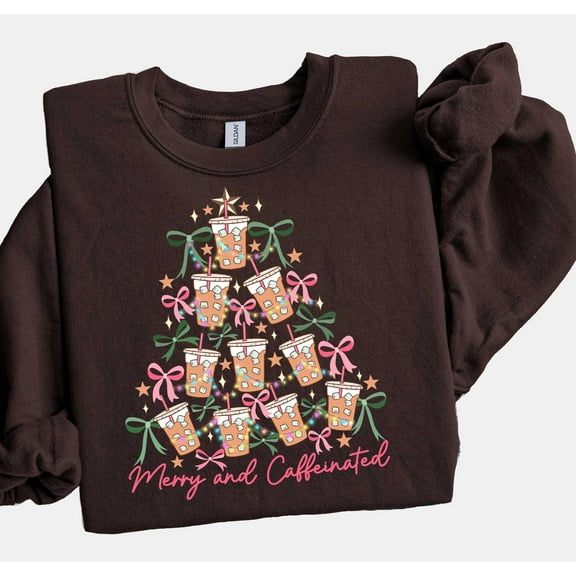 Merry and Caffeinated Sweatshirt | Funny Coffee Christmas Tree Holiday Pullover