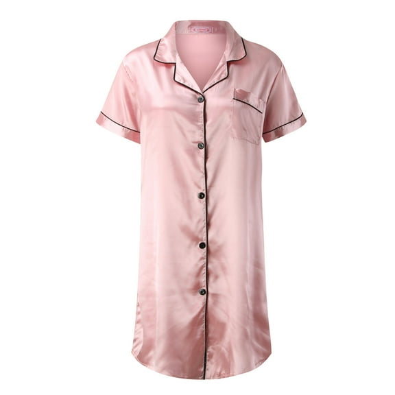 DHFJKG Nightgowns For Women Short Sleeve Nightshirt Button Down Collared Sleepshirt Silk Satin Solid Color Pajama Dress Soft Home Clothes