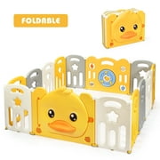 Costway 14-Panel Foldable Baby Playpen Unisex Kids Yellow Duck Yard Activity Center with Sound