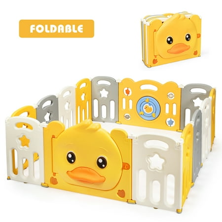 UPC: 6592451157982 | Costway 14-Panel Foldable Baby Playpen Unisex Kids Yellow Duck Yard Activity Center with Sound
