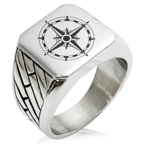 Stainless Steel Sun Dial Compass Geometric Pattern Biker Style Polished Ring