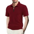 thumbnail image 2 of Men's Knit Polo Shirts Short Sleeve Zipper Vintage Collarless Golf Shirt Slim Fit Top, 2 of 9