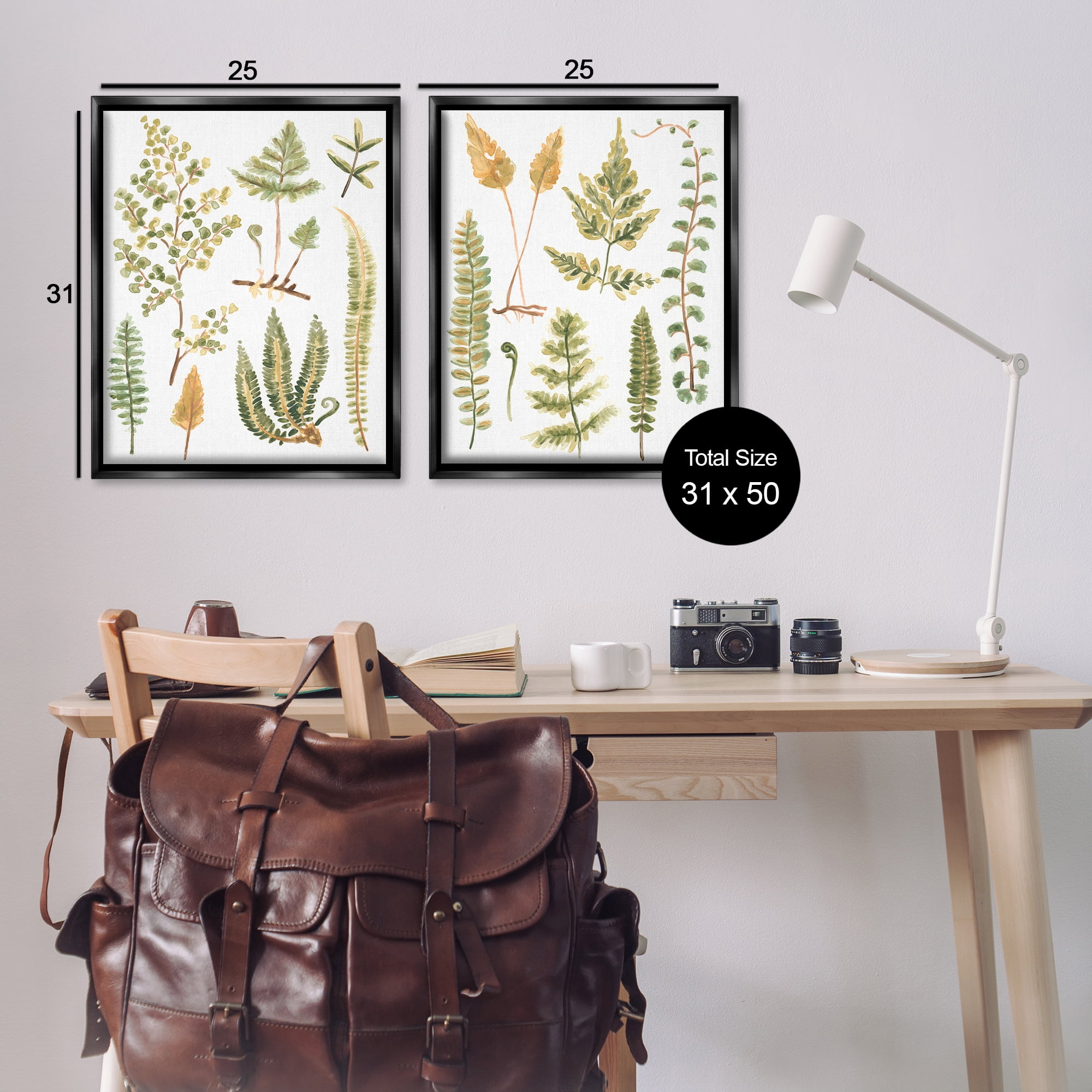 Stupell Industries Watercolor Fern Leaves Plants & Flowers Painting Black Floater Framed Canvas Art Print Wall Art, 31 x 25, Set of 2
