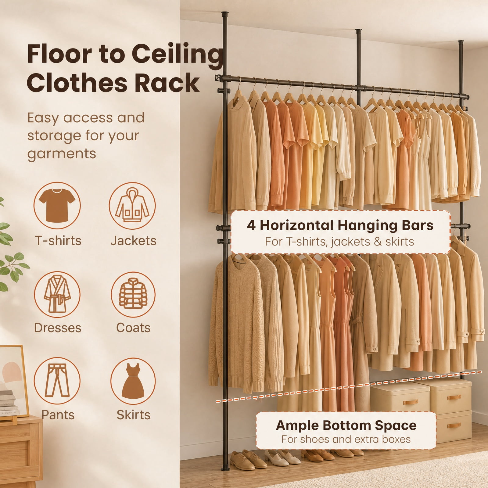 Furnibear Adjustable Floor to Ceiling Clothes Rack with 4 Hanging Rods Telescoping Double Garment Organizer for Bedroom Closet Shop, Black