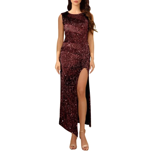 Vestido, Vestido de lentejuelas para mujer Vestido de fiesta con abertura sin mangas brillante Vesti Meterk borgoña/Extragrande