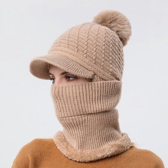 Gorro de Invierno para Mujer, Gorro con Bufanda siamesa, Gorros de Punto cálidos a Prueba de Viento, Caqui