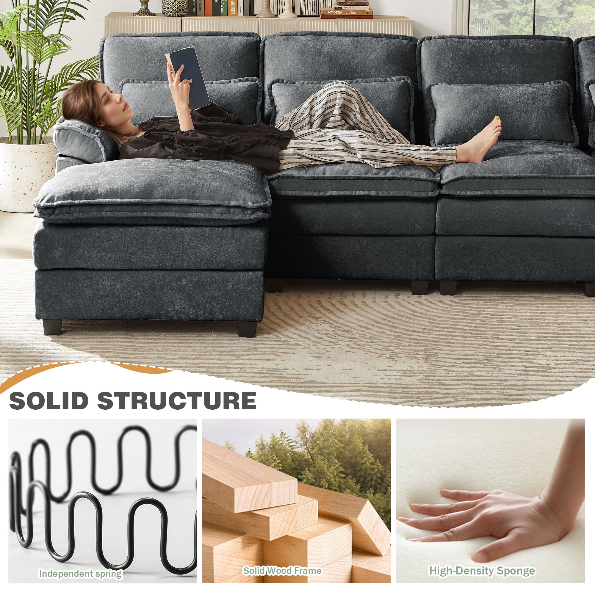 Soscana 113" Sectional Sofa Oversized U Shaped Couch with Double Chaise,Cloud Couch with 4 Waist Pillows,Modern Linen Seating Furniture for Living Room Office Studio Apartment,Gray