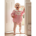 thumbnail image 6 of BemeyourBBs Newborn Baby Girl Valentines Day Outfit Gingham Plaid Bubbel Rompers Puff Long Sleeve Letters Embroidery Bow Decor Bubble Bodysuit Infant Spring Clothes, 6 of 9