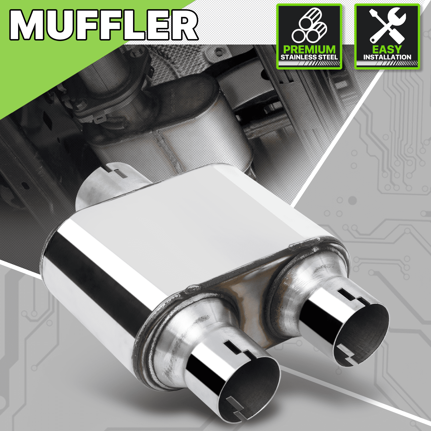 Magshion Chrome 2.5" Inlet 2.25" Outlet Stainless Steel Dual Chambered Exhaust Muffler Straight-Through Round Tip