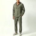 thumbnail image 4 of Purcolt Mens Cotton Linen 2 Piece Tracksuit Set Comfort Casual Long Sleeve Button Down Hooded Jacket Elastic Waist Straight Leg Pants Lounge Outfit Dailywear, 4 of 8