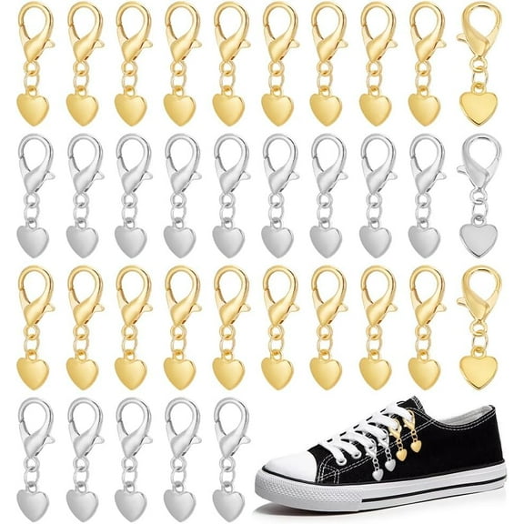 2 Colors 40Pcs Heart Alloy Shoes Charms DIY for Sneakers Shoe Lace Clip Alloy Shoes Decoration Charms with Lobster Claw Clasp DIY for Sneakers Accessories