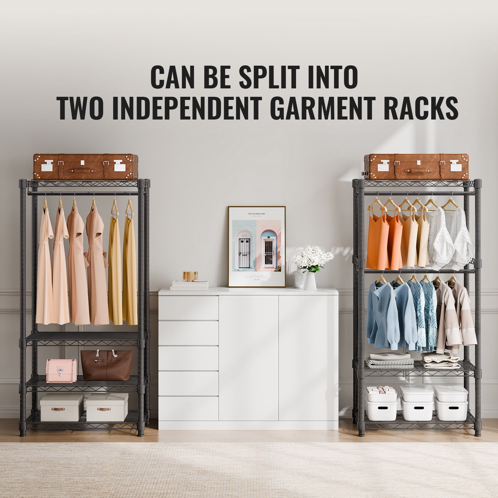VEVOR Clothes Rack Wire Garment Rack with 4 Hang Rods & 8 Storage Tiers Load 800 LBS Heavy Duty Adjustable Freestanding Clothing Rack 71" H x 69" W x 18" D Black
