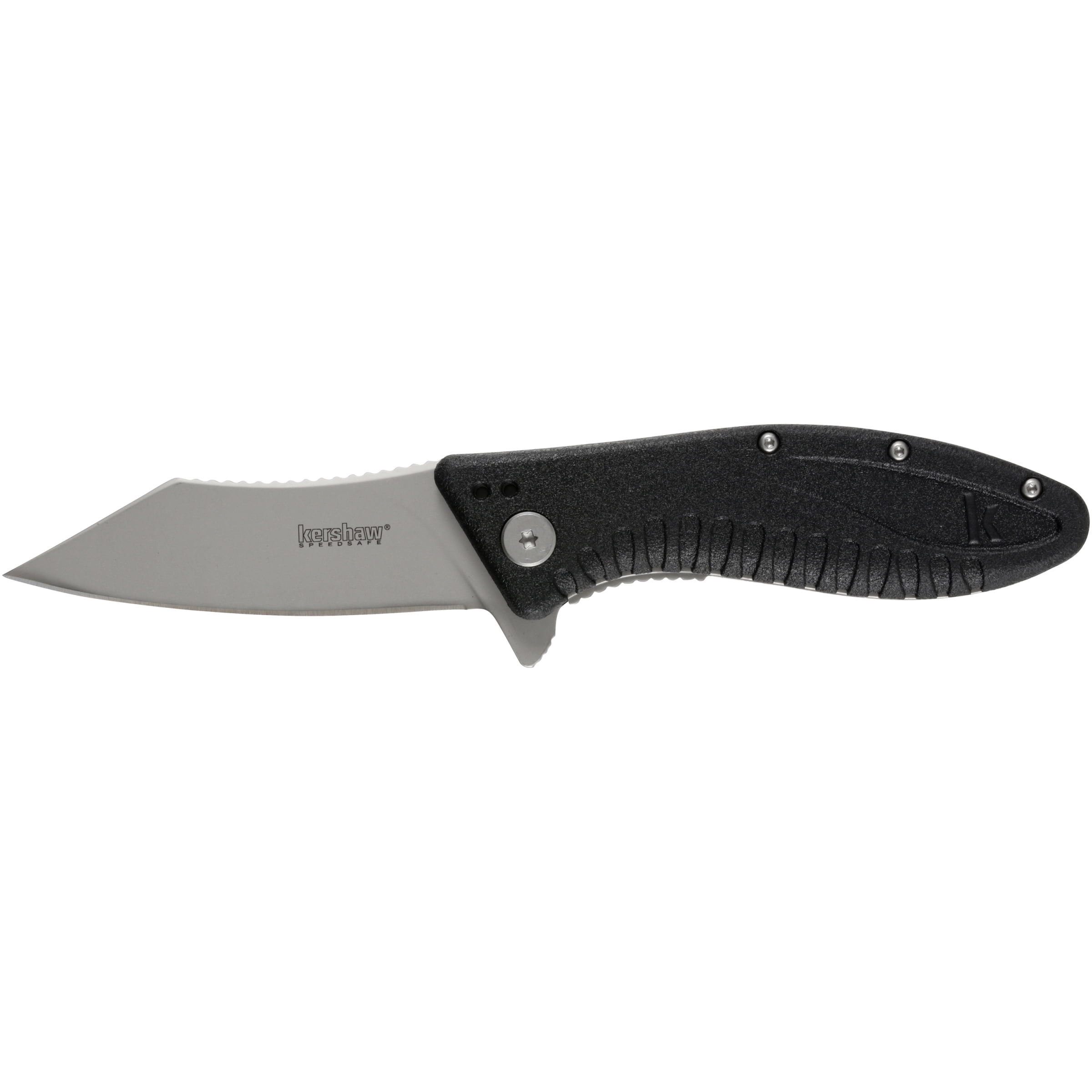 Kershaw Grinder Folding Pocket Knife (1319); Stainless Steel Blade with Tanto-Inspired Tip and Heavy Jimping; Curved... by KERSHAW KNIVES/KAI USA