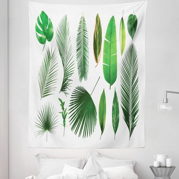 Tropical Plants Tapestry, Exotic Botanical Composition of Various Jungle Leaves on Plain Background, Fabric Wall Hanging Decor for Bedroom Living Room Dorm, 5 Sizes, Green White, by Ambesonne