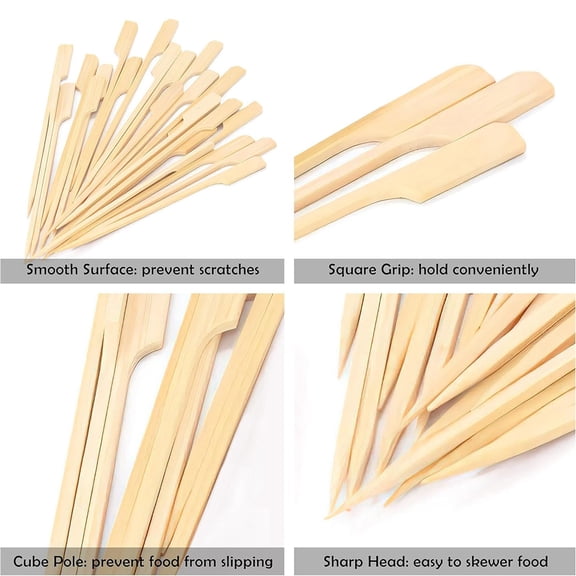 Piwvid 100PCS Bamboo Skewers, Wide Flat Paddle Appetizer and Food Toothpicks for Fruit, Grilling, BBQ, Yakitori, and Fondue, Includes 5 Size Options