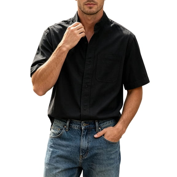 LODIENY Oversized 5XL Button Down Shirts for Men with Pocket Short Sleeve Casual Stylish Shirt Loose Fit Band Neck Summer Beach Wedding Tops Black L