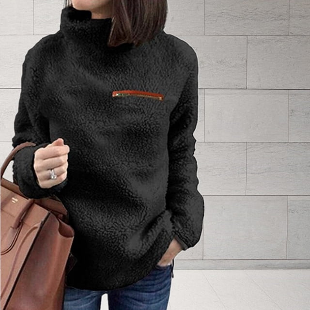 Women Solid Color Zippers Turtleneck Sweatshirt Pullover Tops Warm Blouse Winter