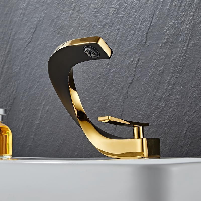 SOKNARKU Modern Bathroom Sink Basin Faucet Brass Single Hole Single Handle Deck Mount Cold And Hot Mixed Creative Design Tap Including Two US Standard 3/8 Hoses Black Gold Style B