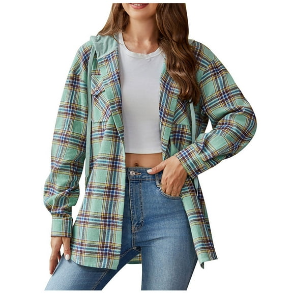 Busydd Womens Plaid Shacket Jacket Button Down Drawstring Hooded Flannel Shirts Fashion Casual Long Sleeve Shirts for Women Lightweight Loose Fall Jackets Tops with Pockets