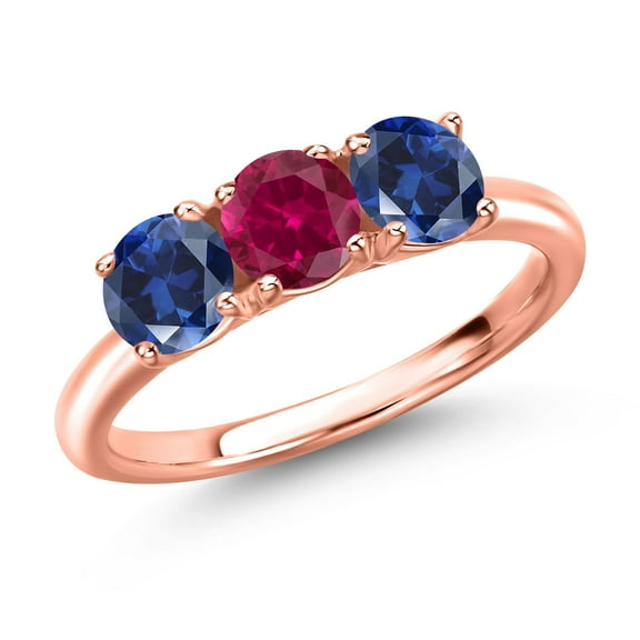 Gem Stone King 18K Rose Gold Plated Silver Red Created Ruby and Blue Created Sapphire Engagement Ring for Women | 1.80 Cttw | Round 5MM | Gemstone July Birthstone | Size 6