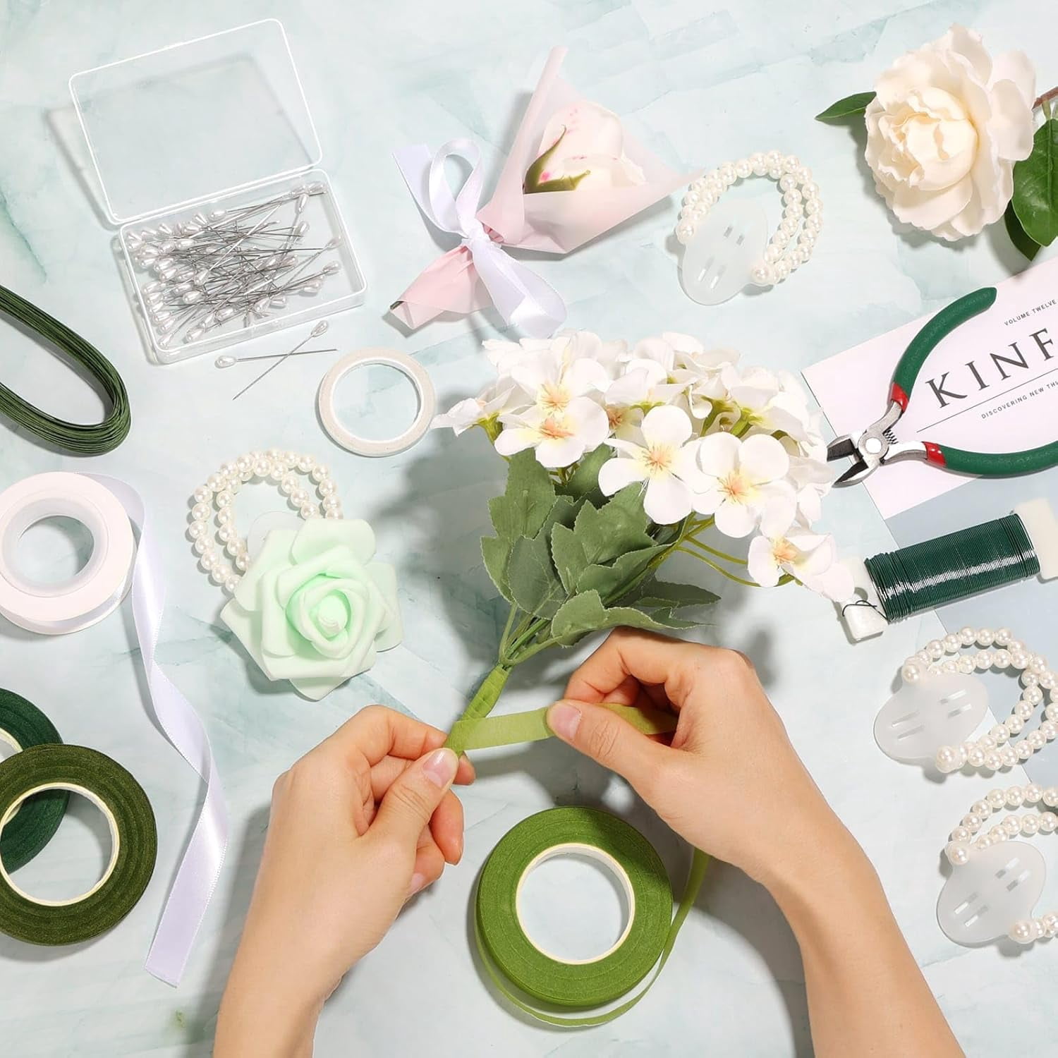 Floral Tape and Floral Wire Arrangement Tool Kit with Green Floral Tape, Floral Wire, Boutonniere Flower pin, Wire Cutter, White Ribbon and Elastic Pearl Wrist Corsage Bands for Bouquets