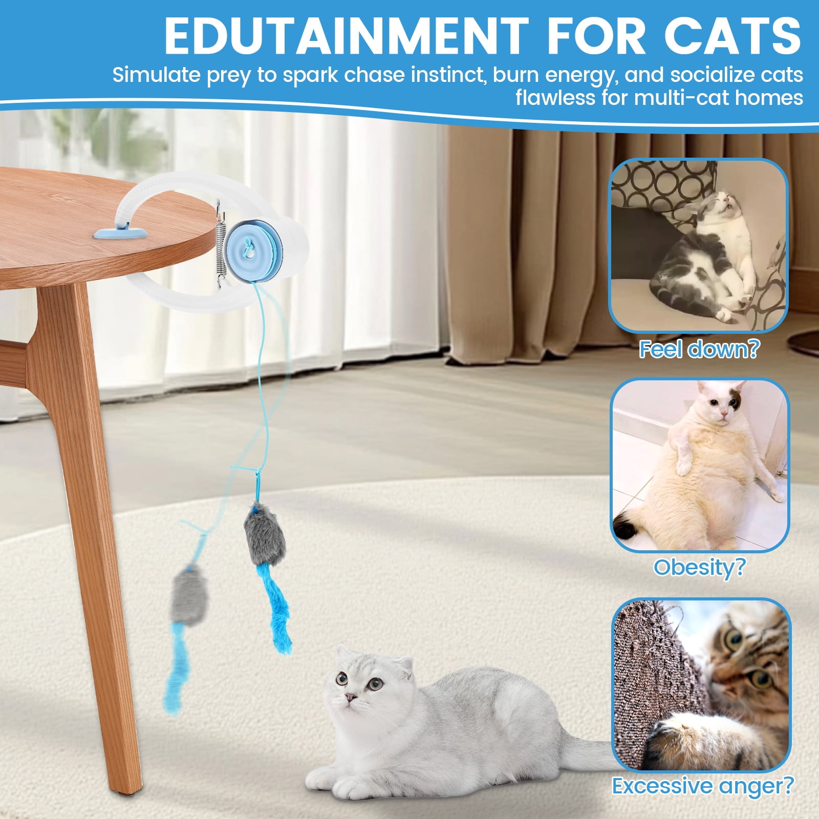 Austok Self Play Hanging Door Cat Toy Interactive Door Hanging Retractable Kitten Toy with 3 Catnip Mice 3 Mode Rechargeable for Cat Exercise