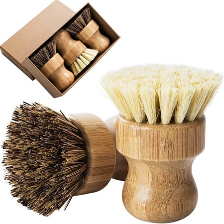 Pot Brush - Bamboo Dish Brush 3-Pack,Eco-Friendly Dish & Pot Cleaning Brushes with Palm & Sisal Fiber (Durable, Heat-Resistant)