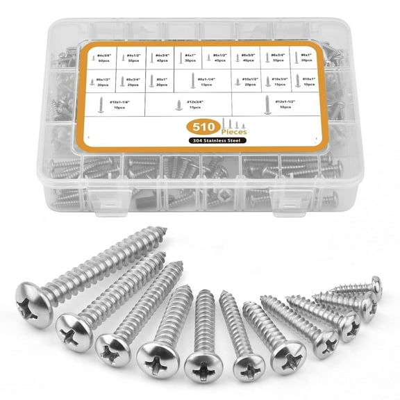 Stainless Steel Wood Screws Assortment Kit #4 #6 #8 #10 #12 Phillips Pan Head Sheet Metal Screws Self Tapping Screws Set 510Pcs
