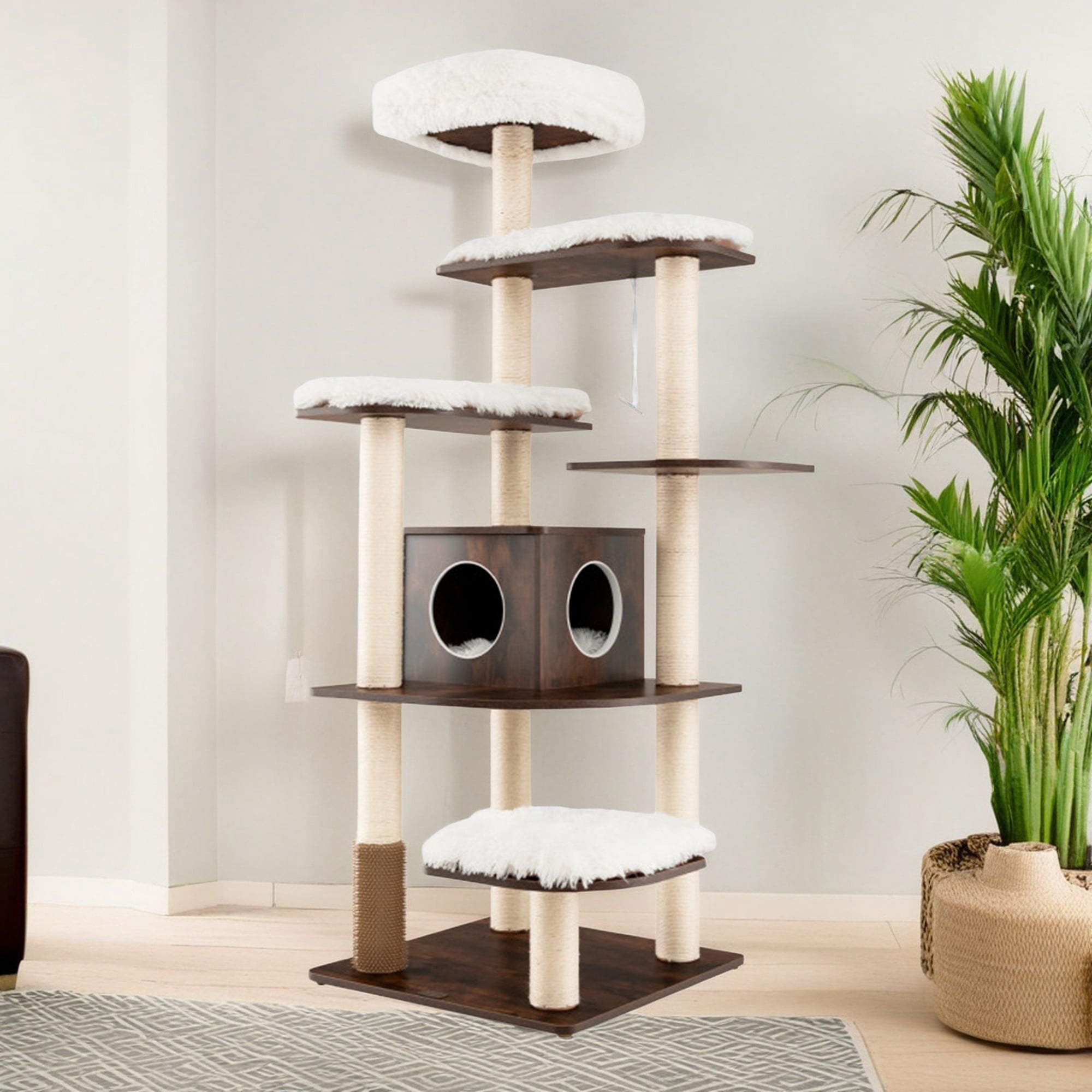 Pefilos 71" Wood Cat Tree Tower for Indoor Cats, Multi-Level Cat Condo with 10 Scratching Posts, Perch, Washable Removable Cushions, Cat Furniture, Brown