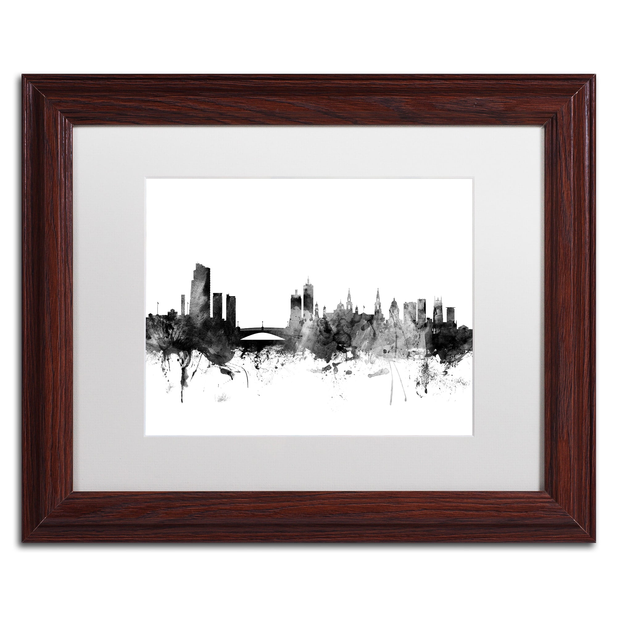 Trademark Fine Art "Leeds England Skyline B&W" Canvas Art by Michael Tompsett, White Matte, Wood Frame