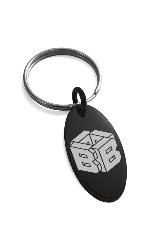 Stainless Steel Letter B Initial 3D Cube Box Monogram Engraved Small Oval Charm Keychain Keyring