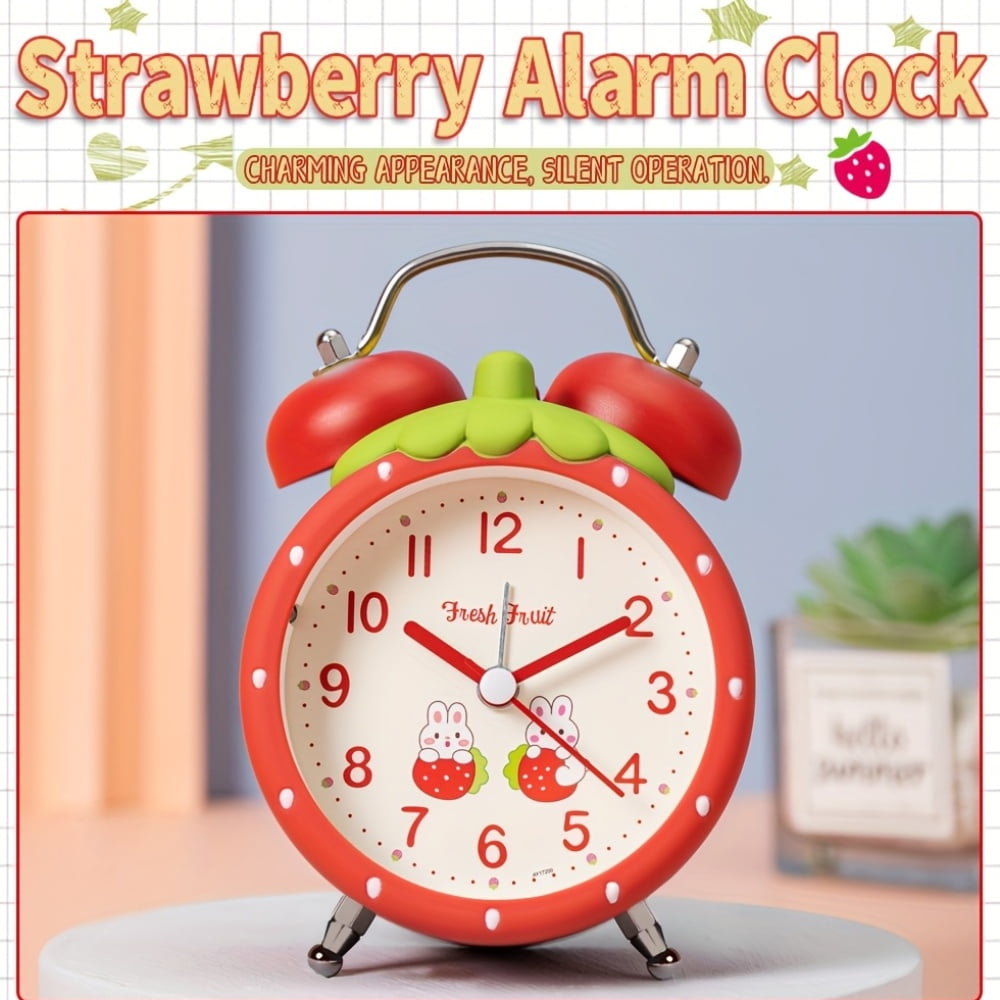 Strawberry-shaped alarm clock | Modern 3.5-inch battery-powered silent alarm clock with dual bells and a night light, suitable for offices, homes, kitchens, bedrooms, and schools.