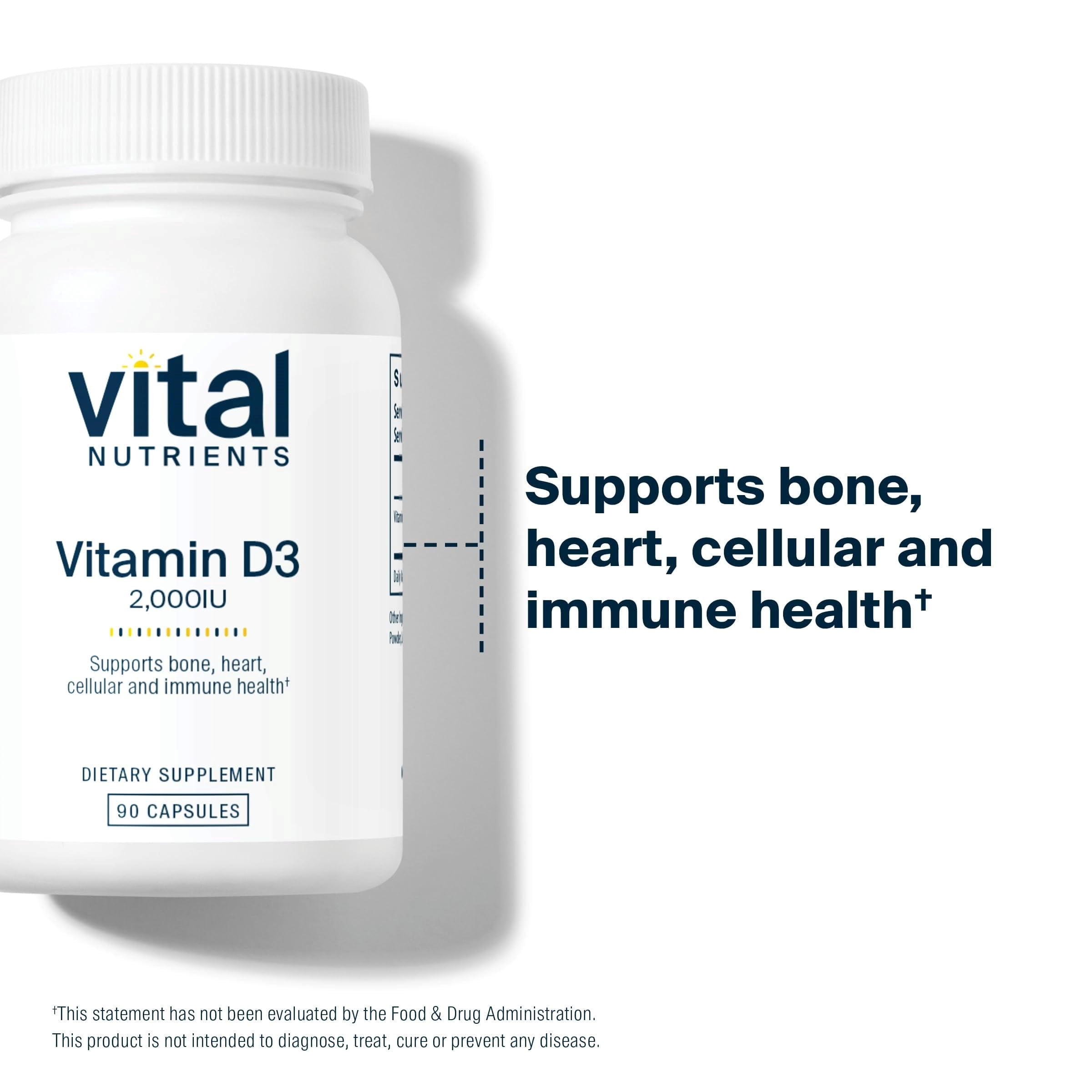 Vital Nutrients Vitamin D 2000 IU | Vitamin D3 Supplement | Healthy Bones, Teeth, Muscles| Cellular & Immune Function | Calcium Absorption | Gluten, Dairy and Soy Free | 90 Capsules