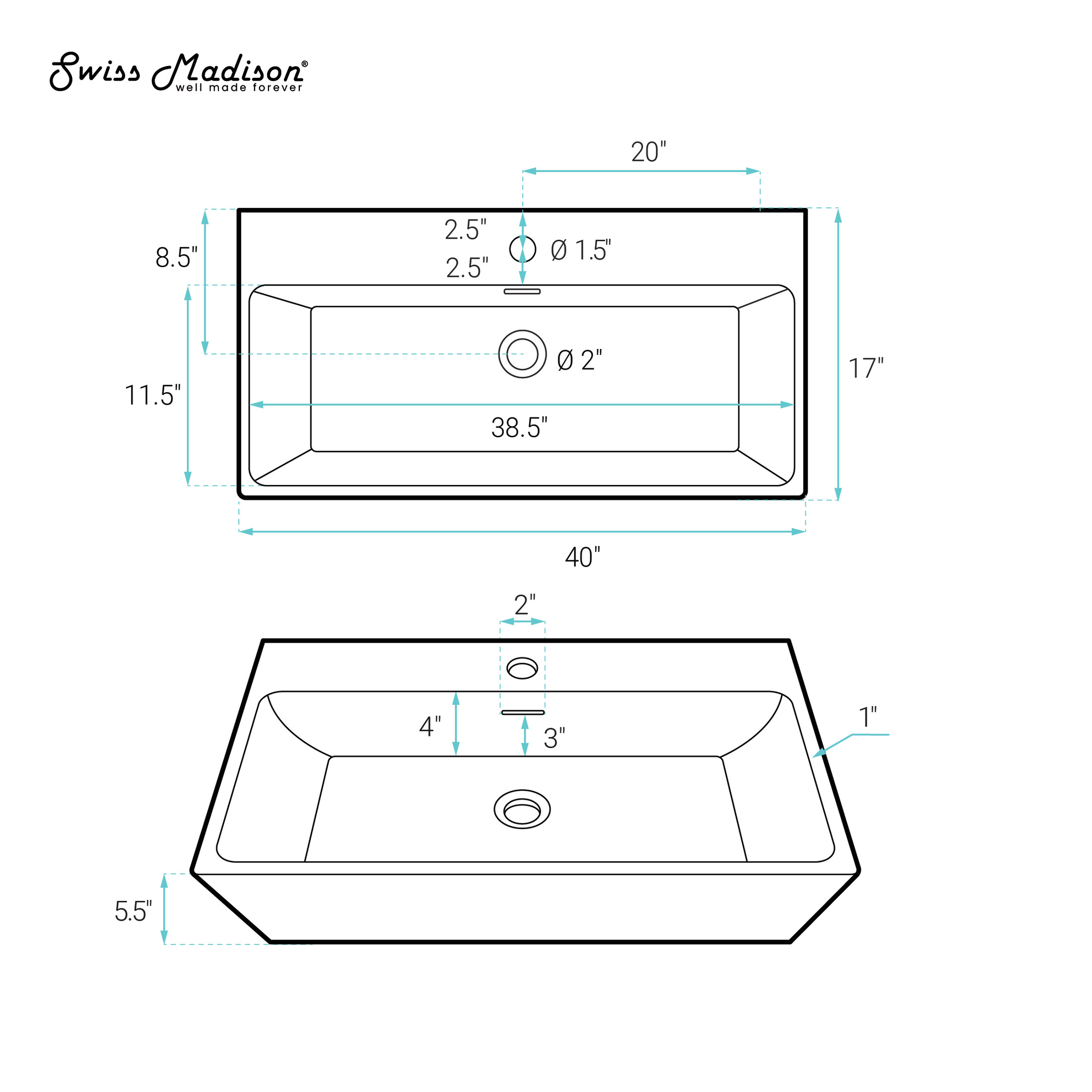 Claire 40" Rectangle Wall-Mount Bathroom Sink in Matte Black