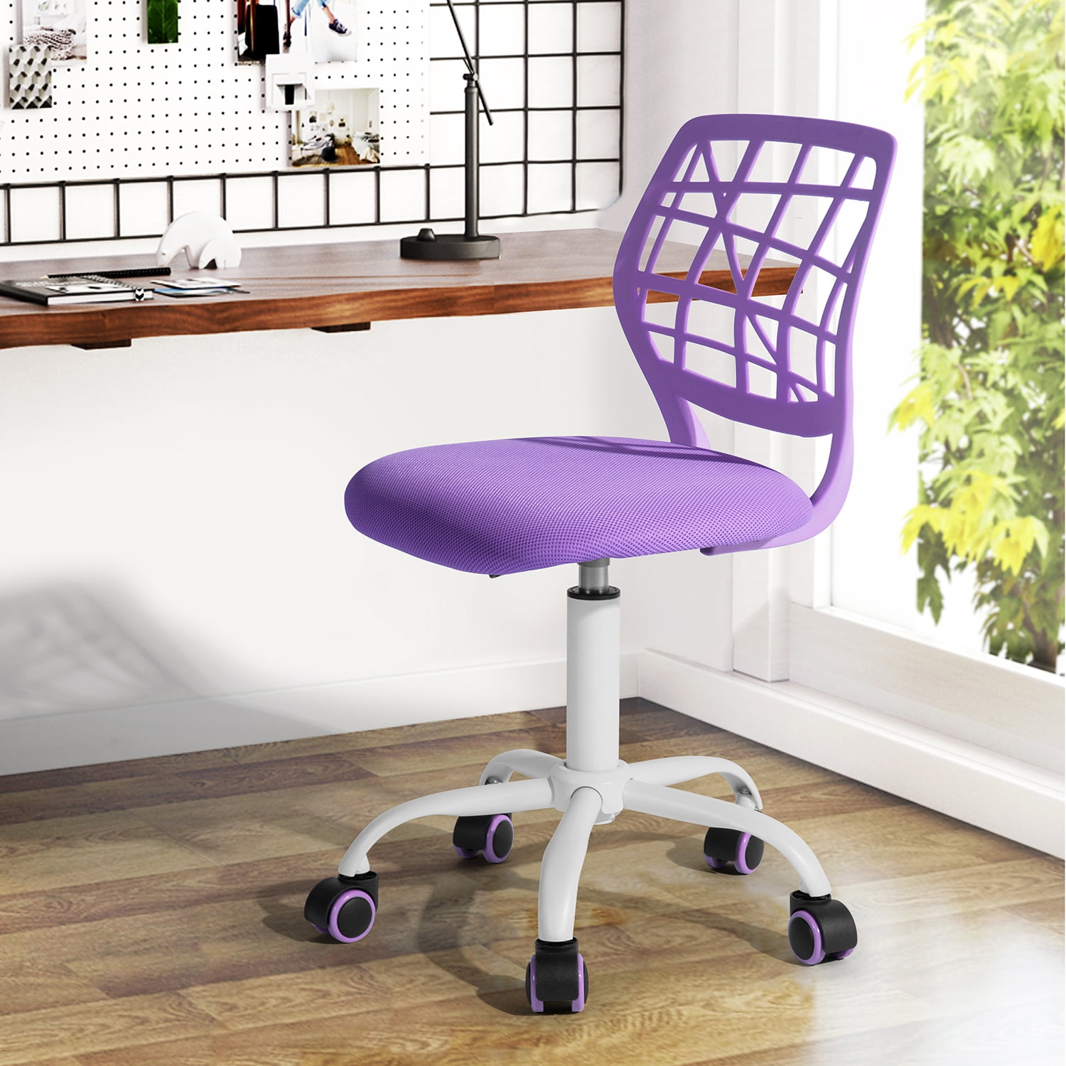 Homy Casa Teen Desk Chair, Adjustable Swivel Study Chair with Wheels, Ergonomic Backrest, Purple