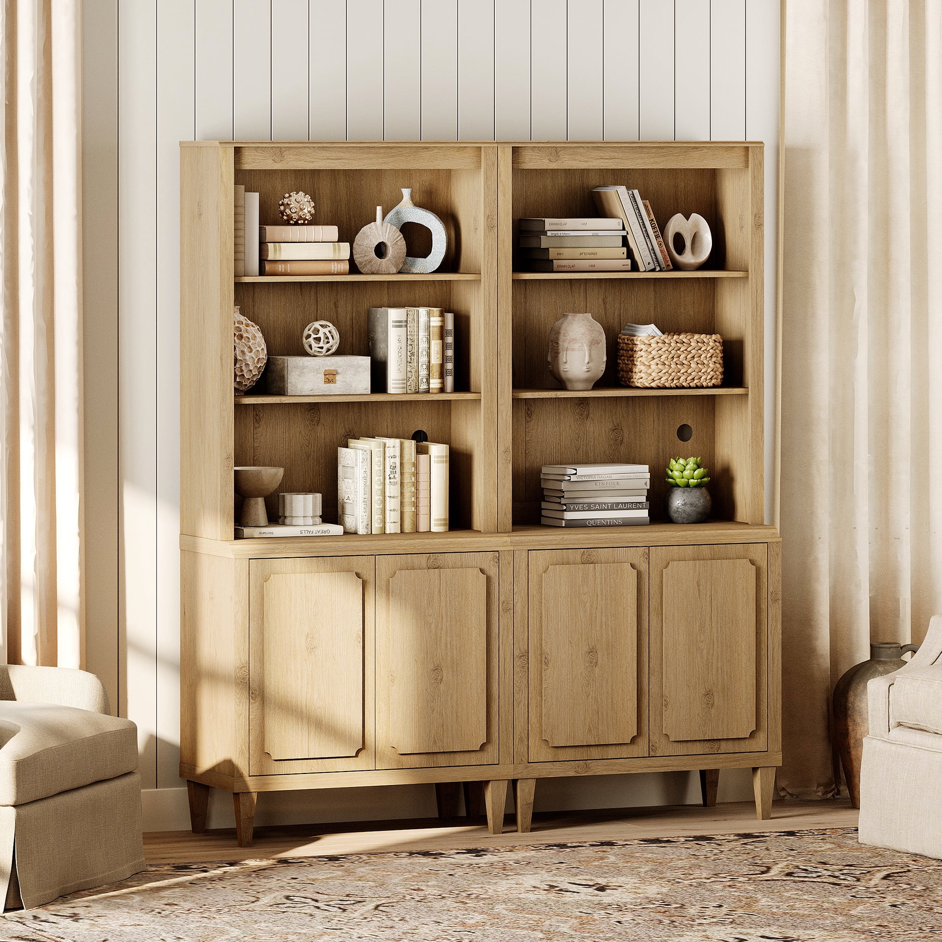 Tall Bookshelf with Doors, 72.8 Inch Large Wood Bookshelf with Storage, 2 PCS