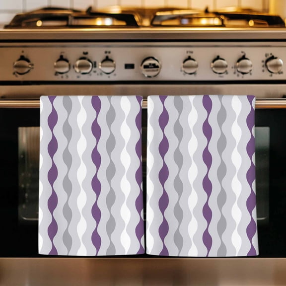 Purple Grey Striped Kitchen Towels Set of 2, Modern Abstract Geometric Stripes Absorbent Dish Towels for Kitchen, Microfiber Hand Towel, Quick Drying Tea Towel for Cleaning Decorative Dishcloths