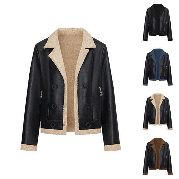 Bomber Jacket for Women 2025 Winter Long Sleeve Faux PU Leather Fleece Button Notched Lapel Casual Jackets Outerwear