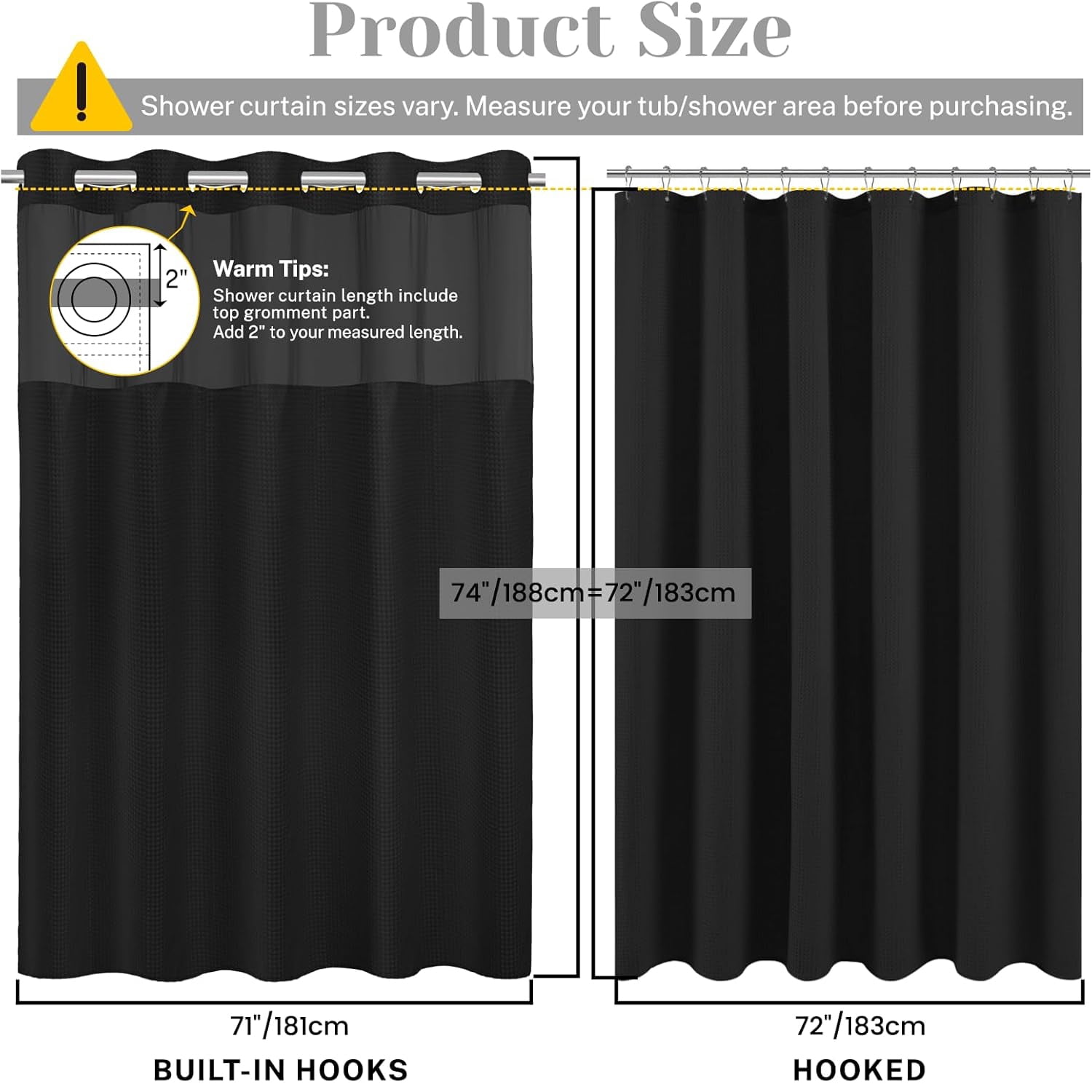 Waffle Weave Hookless Shower Curtain with Snap in Liner, DawnJoanHD Black Polyester Fabric Shower Curtains with See Through Top Window, 71" x 74"