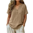thumbnail image 3 of Summer Cotton and Linen Shirts for Womens Plus Size Casual Tops V-Neck Bandage Short Sleeve T-Shirts And Linen Blouse, 3 of 8