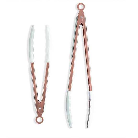 Cooking Utensils Tongs Set of 2 Silicone Tips Kitchen Salad Serving Food Stainless Steel Plated Copper Rubber Tip Exultimate