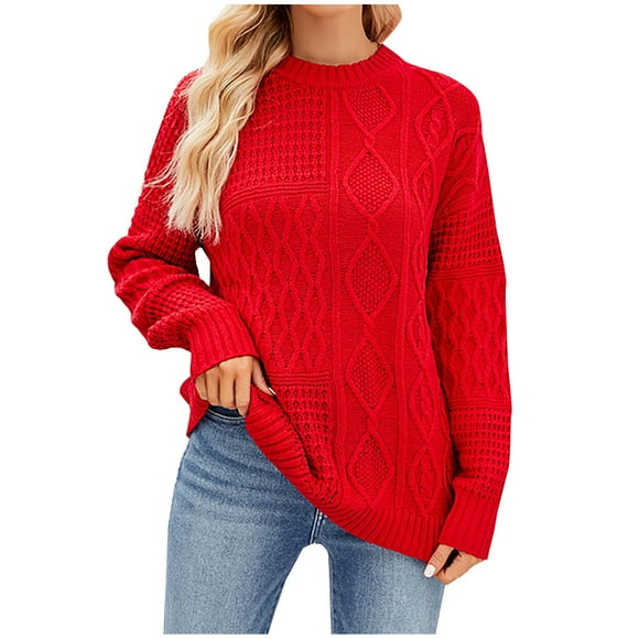 QUYUON Womens Fashion Sweaters Womens Sweater Casual Long Sleeve Crew Neck Pullover Sweaters Knit Jumper Tops Winter Warm Cable Knit Sweaters Fall Knitted Sweatshirts Red XL
